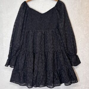 Whimsigoth Babydoll Black Smocked Mini Tiered Dress Puff Sleeve Goth Burnout